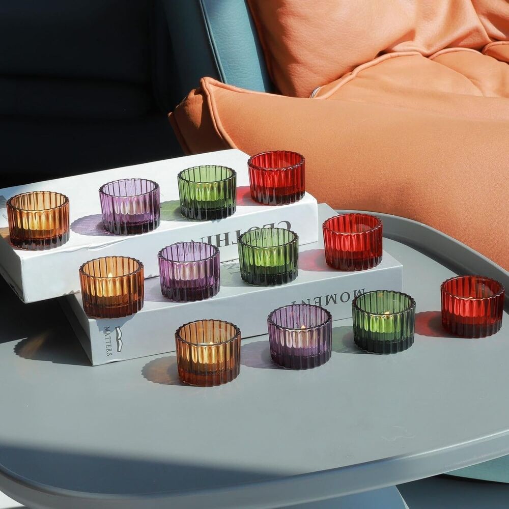 Tealight Candle Holder Set of 12-Fall Colors, Glass Votive Candle Holders NEW